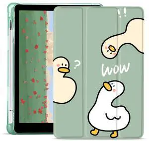 JOYLAND Funny Duck Pad Case for 10.2 Inch iPad 9th/7th/8th Generation with Pencil Holder, Foldable for iPad 2021/2020/2019 Case Cartoon Green Leather Protective Cover, Auto Wake/Sleep