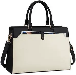 RAINSMORE Laptop Bag for Women 15.6 Inch Laptop Tote Bag Leather Work Bag Waterproof Womens Briefcase Business Office Computer Tote Large Capacity Handbag, Beige and Black