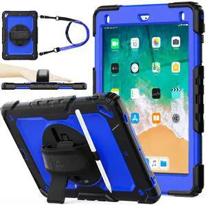 SEYMAC stock Case for iPad 6th / 5th Generation Case/Air 2 / Pro 9.7 inch, Heavy Duty Protective with Screen Protector, with Pencil Holder, Hand Strap, Shoulder Strap, 360 Rotate Stand, Blue+Black