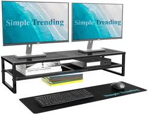 Simple Trending 2 Tier Metal Dual Monitor Stand Riser,Computer Office Desktop Organizer for 2 Monitors With 32"x10" Mouse Pad ,for Laptop,Printer,TV,Black
