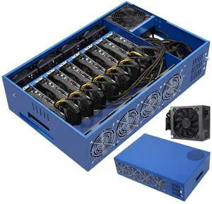 SUOHUI GPU Mining Rig Case, Complete Mining Systerm for ETC/Ergo/Raven Coin Crypto Mining with 8 GPU Mining Motherboard, 1800W PSU(110v-220v), 8 Fans, RAM, SSD, CPU(Excluding GPUs) -Blue