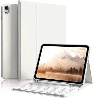 SZPSGC for iPad (A16) 11th/10th Generation Case with Keyboard, 11 Inch/10.9 Inch iPad (2025/2022), Detachable Wireless Bluetooth Keyboard, Stand Folio Cover with Pencil Holder, Cream White