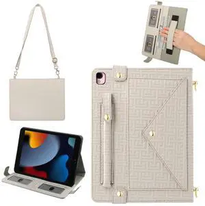 Handbag Case for iPad 9th 8th 7th Gen 10.2"/Air 3 2019/Pro 10.5, Techcircle Elegant Crossbody Folio Stand Wallet Case w/Pencil Holder, Card Slots, Hand Strap, Shoulder Strap, Off-White