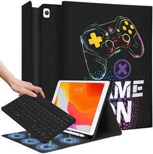 Wazzasoft for iPad 9th/8th/7th/Air 3rd Generation/Pro 10.5 Inch Case Keyboard Pencil Holder Folio Tablet Cover Men Boys Cute Teen Cool Black Gaming Unique Design for Apple 10.2 & 10.5 Inch
