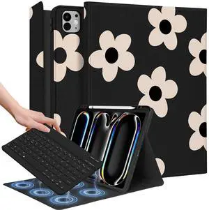 Wazzasoft for iPad Pro 13 inch Case 2024 M4 with Keyboard - Pencil Holder Folio Tablet Cover Women Girls Cute Floral Flower Unique Design for Apple Pro 13 A2925 A2926 A3007