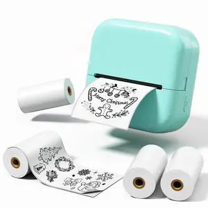 Mini Printer M02X Sticker Printer Print Pod Thermal Sticker Maker Bluetooth with White Thermal Paper 4 Rolls-50mmx3.5m,Compatible with iOS & Android Green
