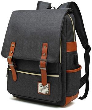 Mancio Vintage Laptop Backpack with USB Charging Port, Slim Tear Resistant Business Backpack for Travelling, College, Daypacks for Men,Women, Fits up to 15.6Inch Notebook in Black