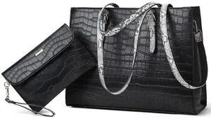 Laptop Bag for Women 15.6 inch Laptop Tote Bag Leather Classy Computer Briefcase for Work Waterproof Handbag 2pcs Set Crocodile-black