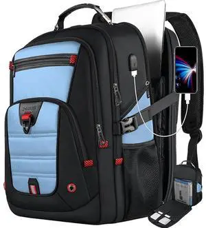 Z-MGKISS Big Backpack for Travel, 52L Large Anti-Theft Computer Backpack for Women Men, Heavy Duty Laptop Bag 17.3 Inch with USB Port, College Business Work Daypack, Lake Blue