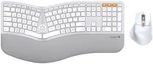 ProtoArc Ergonomic Wireless Keyboard Mouse, EKM01 Plus Full Size Ergo Bluetooth Keyboard Mouse Combo, Split Design, Wrist Rest, Multi-Device, Rechargeable, for Windows/Mac OS - White and Silver