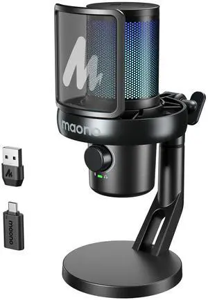 MAONO Wireless Gaming Microphone: Noise Cancellation USB Mic with Software, AI Change Voice, Custom RGB Lights, Mute, Gain, Monitor for Recording Streaming Podcast Computer PC PS5 PS4, DM40 Pro