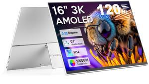 16" OLED Portable Monitor, 3K 2880x1800 120Hz 0.1ms USB-C HDMI OLED Monitor with Ultra-Thin Bezels 120% DCI-P3 Kickstand Speakers VESA for Laptop Mini PC Windows Mac Phone PS4 PS5 Switch, Silver