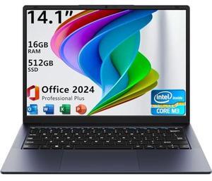 AE86 14.1" Laptop 16GB RAM 512GB SSD, QHD (2160x1440) Display, Intel Core m3 8100Y (Beat Intel i3-5005u), Windows 11 Pro Notebook Computer with HDMI, Type C, Long Battery Life, MS Office 2024 - Gray