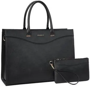 BASA BELA Handmade Luxury Purses and Handbags for Women Work Waterproof Tote Bags Shoulder Bags, Large Designed 16 Inch Laptop Top Handle Sturdy Satchel Bag with Adjustable Strap Multi Pocket Black