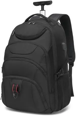 Boavan Rolling Backpack,17 inch Water Resistant Wheeled Backpack,Carry on Luggage Business Bag, Overnight College Computer Trolley Suitcase for Men Women Adults to TravelBlack