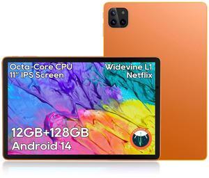 Android Tablets, 11 inch Octa-Core Processor Tablet with 2 Years Protection, 128GB Storage,12GB RAM, 6ft Charging Cable, 8000mAh Battery, Reinforced Type-C Port, Quad-Speaker, Orange