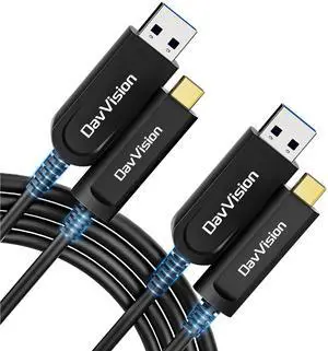 DavVision USB A to USB C Fiber Optic Cable 50 FT 2-Pack, 10Gbps USB 3.2 Gen2 Extension Cable with German SiliconLine Chip, Ultra Slim & Long Distance for Logitech 4K Camera,VR,Video Conference