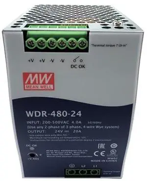 FerroFab WDR-480-24 24V 20A 480W Single Output DIN Rail Industrial Power Supply AC-DC, Reliable Performance, Compact Design, Wide Input Voltage