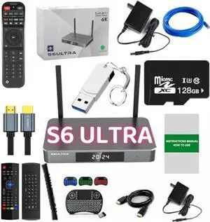 2025 Version S6 Ultra 4GB RAM 128GB ROM 6K Ultra HD Built-in Voice Control 2*HDMI Cable,2* Power Supply,1* Voice Remote Control,1 * 128 TF Card, 1 * 128 USB Flash Driver ect