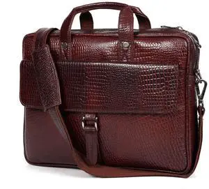 Leder Luxus Crocodile Embossed Leather Briefcases for Men, Laptop Briefcase For Men, Leather Bag, Satchel Shoulder Bag, 5 Zipper Pockets with Spacious Compartments.,12 x 16 x 4 inches (Classic Brown)