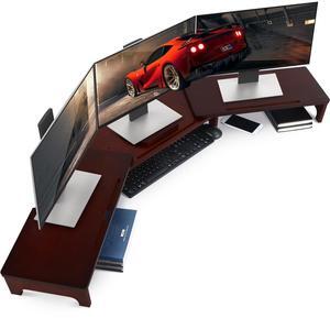 Nnewvante Monitor Stand Riser, Upgrade Height Large TV Riser, 60 inch Large Bamboo Dual Monitor Stand for Desk, 3 Shelves Desktop Screen Riser with Adjustable Length Angle for Computer Laptop Walnut