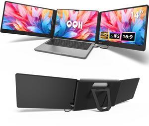 QQH Triple Portable Monitor, 14" 1080P Laptop Screen Extender, Only One USB-C Plug and Play Laptop Monitor Extender Compatible with MacOS, Wins, Android for 12-16" Laptops, Driver Needed