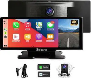 Seicane Carplay Screen with 4K Dash cam Wireless Carplay and Android Auto 9.3 inch Portable Touchscreen for Car with 1080P Backup Camera,Dual Bluetooth,Mirror Link,Loop Recording,FM,AUX