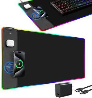 TopMade Wireless Charging RGB Mouse Pad, Waterproof Gaming Mousepad with Ultra-Smooth Surface, Non-Slip Base, 31.5"x15.75" Large Desk Pad, Classic Black Computer Desk Mat for MacBook, PC, Laptop