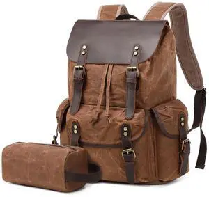 Wogarl Vintage Leather Canvas Backpack, Waxed Canvas Shoulder Rucksack with Toiletry Shoulder Rucksack for Traveling, Camping, Hiking,Business College Fits 17inch Laptop,Coffee