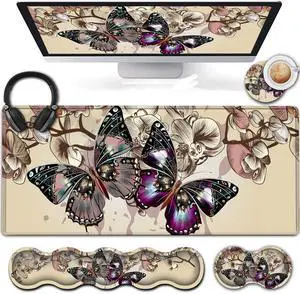 Ergonomic Memory Foam Keyboard Wrist Rest and Large Gaming Mouse Pad with Non-Slip Base, for Home Laptop Office Desk Pad,31.5x11.8 Big Desk Mat Beautiful Butterfly Pattern Mouse Pad Wrist Supprot
