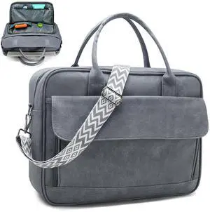 SUCIKORIO Teacher Tote Bag for Women 17inch PU Leather Laptop Briefcase Nurse Bags Professional Work Computer Bags Large Messenger Office Bag For Nursing, School, College, Gray