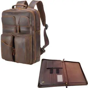 STAR VISTA Angelo 17.3" Vintage Laptop Backpack, Bundled with Flamingo Padfolio, Full Grain Cowhide Leather &YKK Zippers