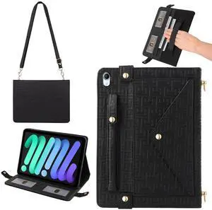 Handbag Case for iPad Mini 7 2024/Mini 6th Generation Case, Techcircle Elegant Crossbody PU Leather Folio Envelope Pocket Stand Cover with Hand Strap+Shoulder Strap+Pencil Holder+Card Slots, Black