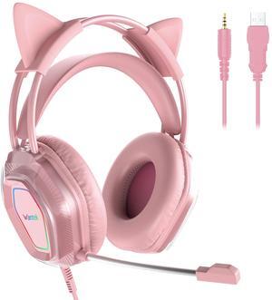 Wantek Cute Cat-Ear Gaming Headset - 50mm Drivers, Noise-Cancelling Mic, 3.5mm Wired Stylish & Lightweight Design (Pink)