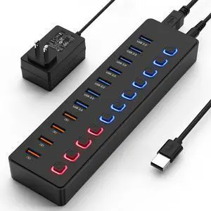 Powered USB hub,USB hub11-Port hub Splitter (7 USB 3.0 Data Transfer Ports + 4 Smart Charging Port), Independent Switch (with LED Working Indicator) USB 3.0 Hub Powered with Power Adapter for Mac/PC