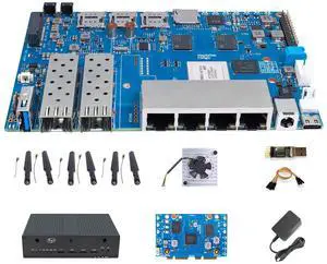 youyeetoo Banana Pi BPI R4 WiFi 7 Router Single Board Computer - Assembled, 4GB RAM, 8GB eMMC, MediaTek MT7988A Chip, 2X 10Gbe SFP Slots, 4X Gbe Ports, Metal Case (Wi-Fi 7 Paket Bulk)