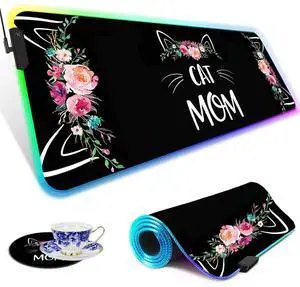 RGB Gaming Mouse Pad Large Mouse Pad Desk Mat Led Mouse Pad Light-up Mouse Pad, Large Keyboard Pad, Optical Waterproof Non-Slip, Great for Gamers, Cat Mom Floral Design