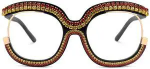 Zeelool Stylish Square Glasses Diamond-Encrusted Glasses Blue Light Blocking Glasses Anti Eyestrain Glasses Oversized ZJGX095217 Red-Yellow