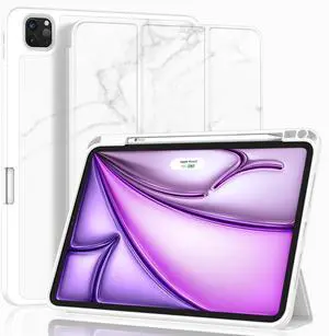 ZryXal New iPad Air 13 Inch Case M3 2025/M2 2024 with Pencil Holder, Trifold Stand Smart Case with Soft TPU Back,Auto Wake/Sleep(Marble White)