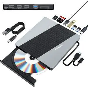 SUIDEK External CD DVD Drive, USB 3.0 USB C Portable CD DVD +/-RW Burner DVD Player for Laptop with SD/Micro SD Card Reader 8 in 1 Hub Compatible with Laptop Mac PC Windows Linux