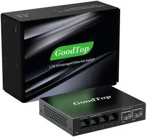 GoodTop 4 Port 2.5Gb Unmanaged Ethernet Switch with 2 x 10G SFP+,4 x 2.5G Base-T Port Compatible with 10/100/1000Mbps,60Gbps Switching Capacity,Metal Fanless Multi-Gigabit Homelab Setup Network Switch