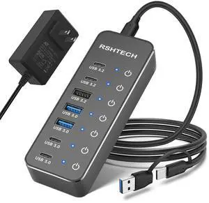 RSHTECH 7-Port Powered USB 3.2/USB-C Hub Splitter with 3 x 10Gbps USB-3.2 Ports (2C + 1A),4 USB-3.0 Ports (2C + 2A), 3.3ft Cable, Touch Switches, and 5V Power Adapter for Laptop PC