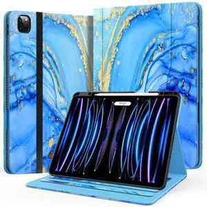 Zonefoker Case for New iPad Pro 12.9 inch 6th/5th/4th/3rd Generation 2022/2021/2020/2018, 12.9'' ipad Pro Leather Folio Protective Cover 6/5/4/3 Gen with Pencil Holder, Auto Wake/Sleep, Marble Blue