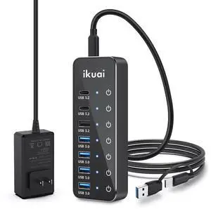 Powered USB Hub, ikuai 7-Port USB 3.2 / USB C Hub, with 3 10Gbps Data Ports (2 USB-C + 1 USB-A) and 4 USB A 3.0 Ports for PC Laptops