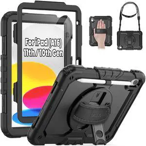 SEYMAC for iPad (A16) 11th/10th Generation Case 2025/2022 (11/10.9), Sturdy Heavy Duty Full-Body Shockproof Protective Case with Screen Protector, Rotating Stand, Hand/Shoulder Strap, Black
