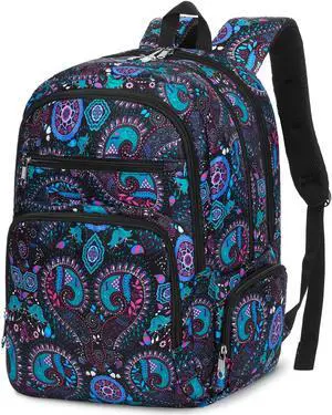 FOKDUVB Large Backpack for Women Backpack with Lots of Pockets for Travel Work School Bookbag with Laptop Compartment for High School College Girls Mochilas Morrales para Mujer (Black/Teal, Paisley)