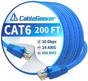 CableGeeker Cat 6 Ethernet Cable 200 ft, High Speed 10Gbps Internet Network Cable, 24AWG Heavy Duty Patch Cord, UTP LAN Internet Patch Cable for Router, Modem, PS5/4, Xbox, Server, Blue