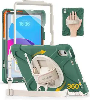 BRAECN for iPad (A16) 11th/10th Generation case 11/10.9 inch 2025/2022 Heavy Duty Shockproof Protective with Pencil Holder Screen Protector 360°Rotating Stand Handle & Shoulder Strap Full Body Cover