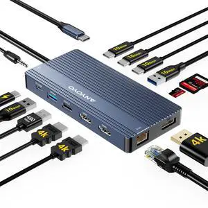 USB C Hub USB C Docking Station Dual Monitor 14-in-1 Triple Display Multiport Adapter with 2*HDMI +DP + 5*USB-A/C 10Gbps Ports+Ethernet +SD/TF Laptop Docking Station for MacBook/HP/Dell/Lenovo (Gray)