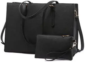 LOVEVOOK 17.3-inch Laptop Bag for Women, Large Capacity Travel Tote Bag with Clutch Purse 2PCs Set, Professional Business Computer Work Bag, Leather Shoulder Briefcase for Office Lady, Black